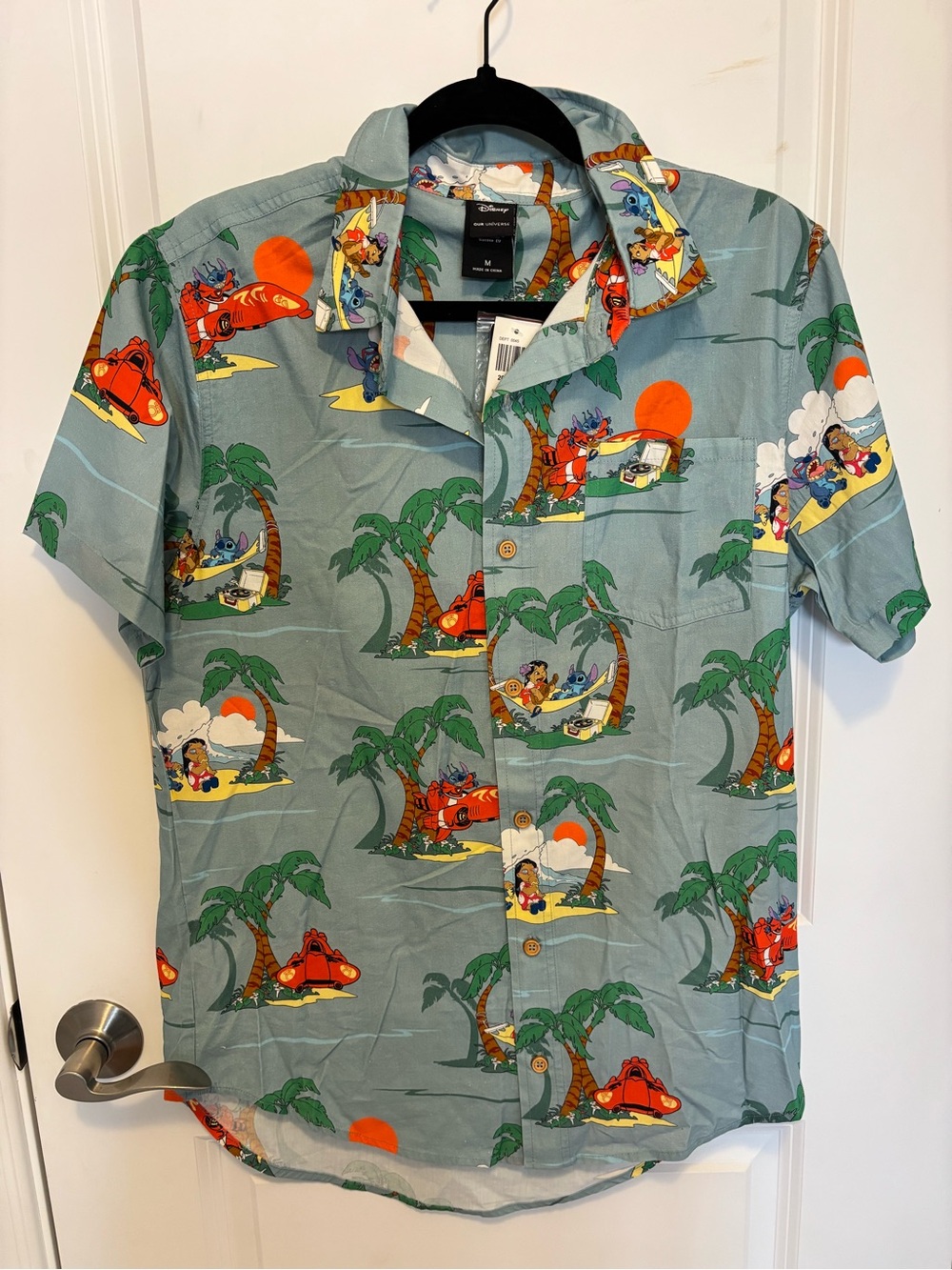 LILO AND STITCH Light Blue/Grey Tropical Print Short-Sleeve Button-Up Shirt